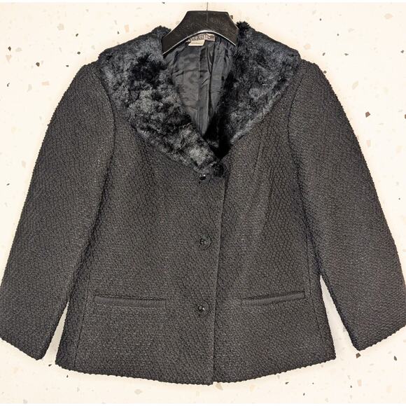 SIGRID OLSEN COLLECTION Black Wool Blazer Faux Fur Collar Size 8 250845 - Picture 1 of 8